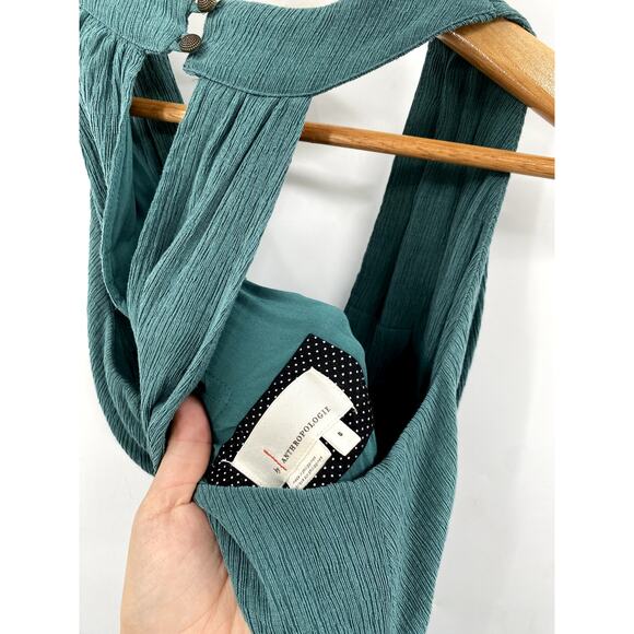 Anthropologie S Bionda Plisse Jumpsuit Green Sleeveless Smocked Wide Leg - Picture 5 of 7
